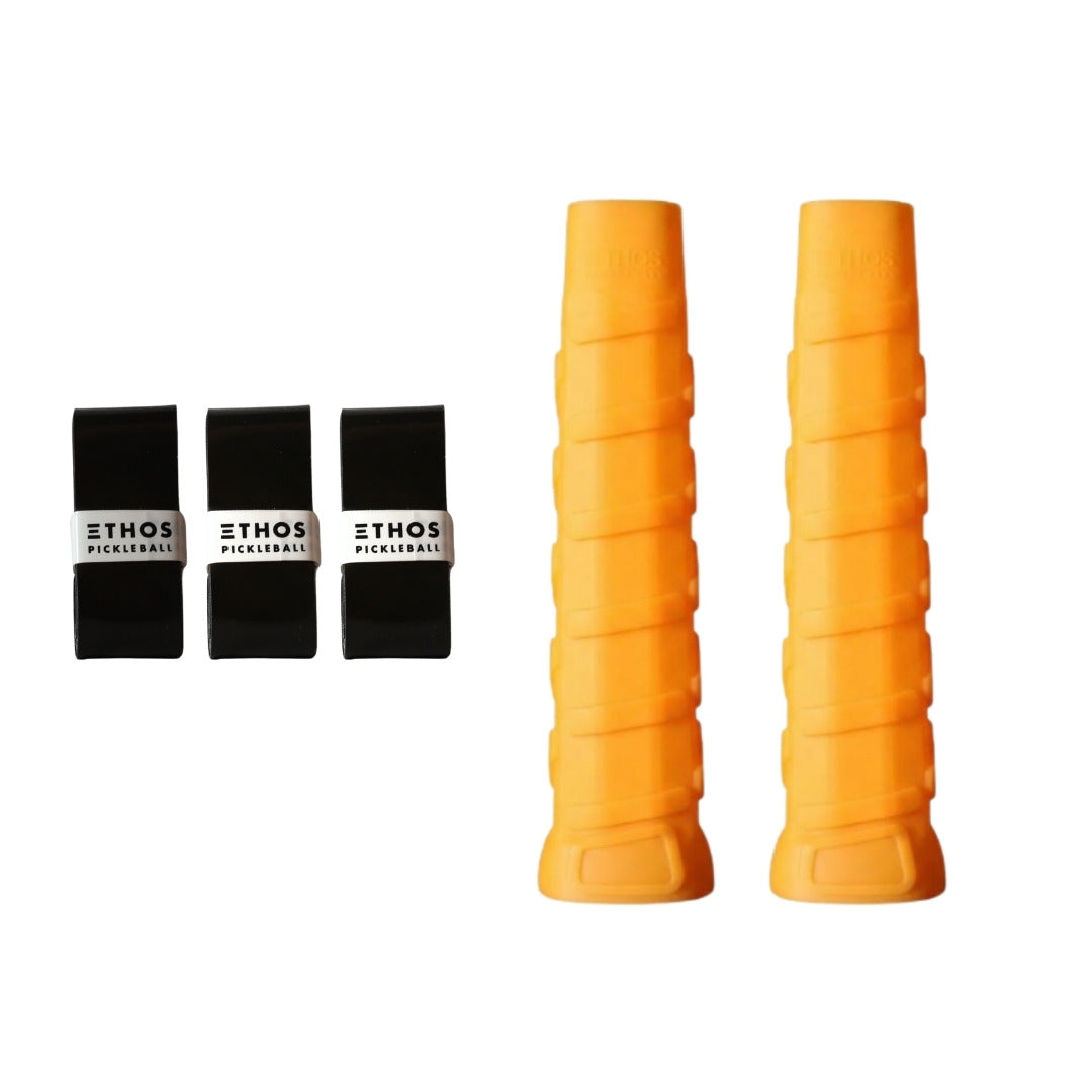 Ethos LH-LW orange undergrip 2-pack with black Comfort overgrip 3-pack