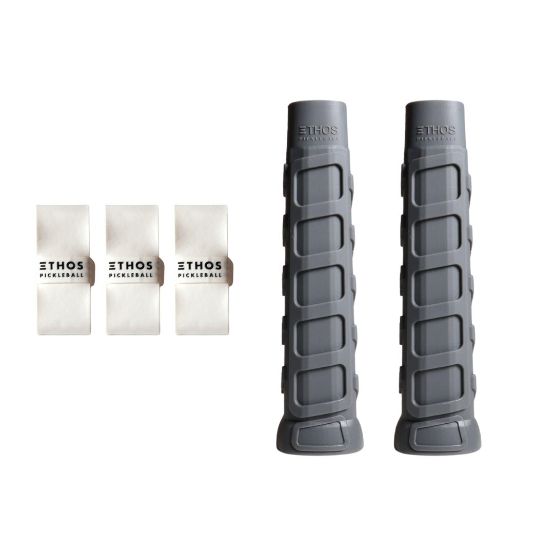 Ethos Original Pro gray undergrip 2-pack with white Comfort overgrip 3-pack