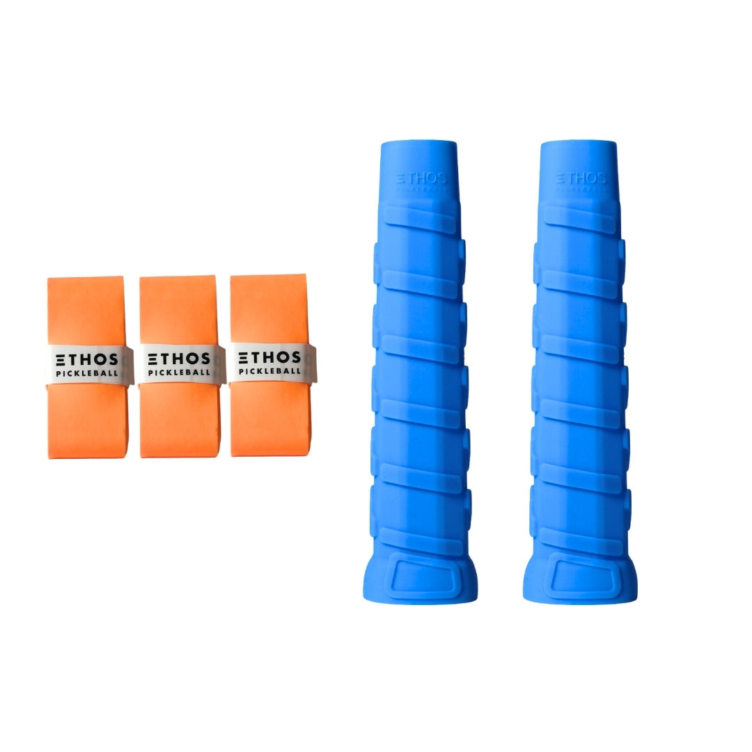 Ethos RH-LW blue undergrip 2-pack with orange Comfort overgrip 3-pack