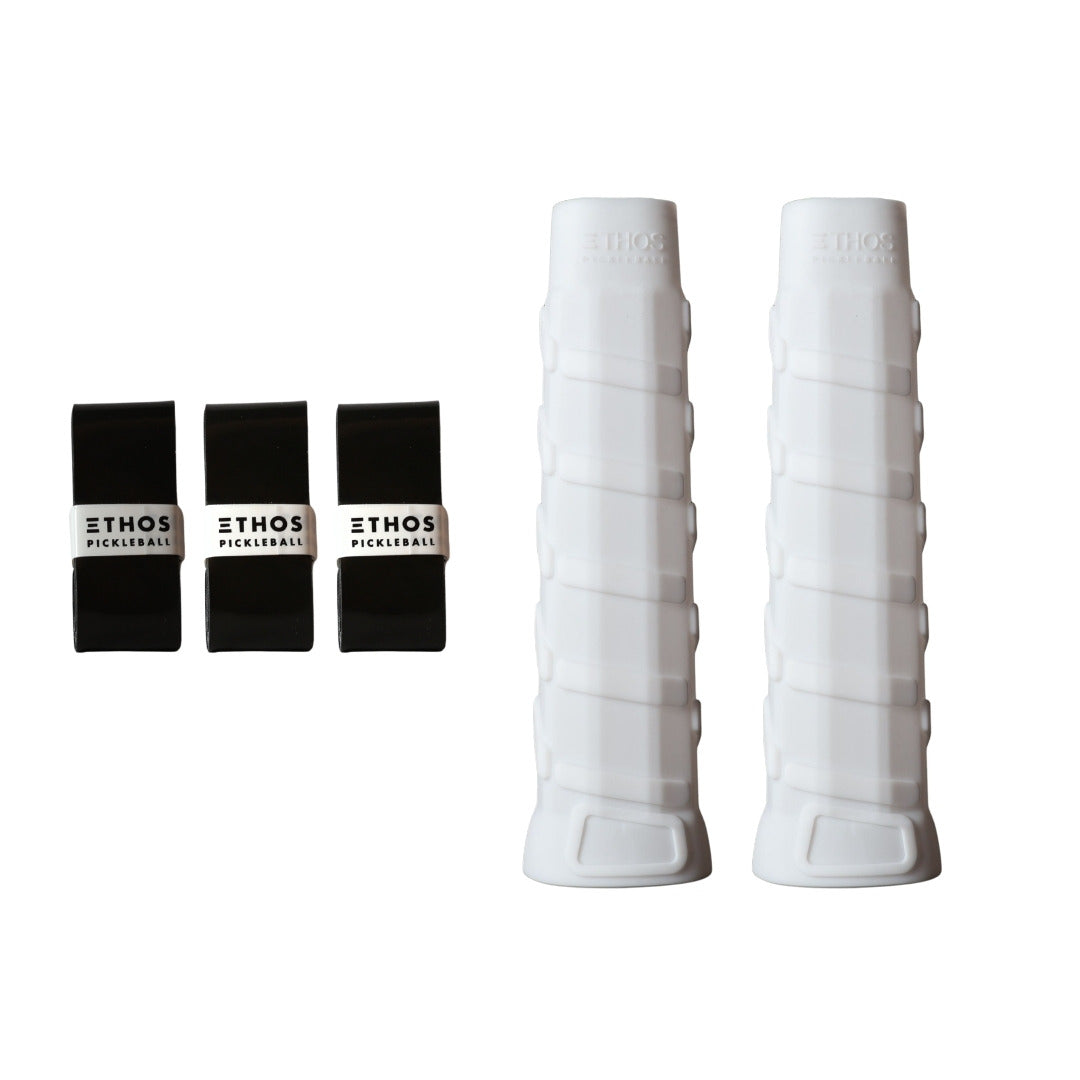 Ethos RH-UL white undergrip 2-pack with black Comfort overgrip 3-pack