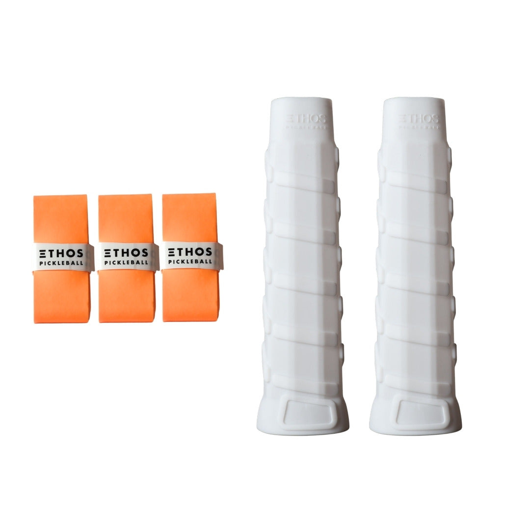 Ethos RH-UL white undergrip 2-pack with orange Comfort overgrip 3-pack